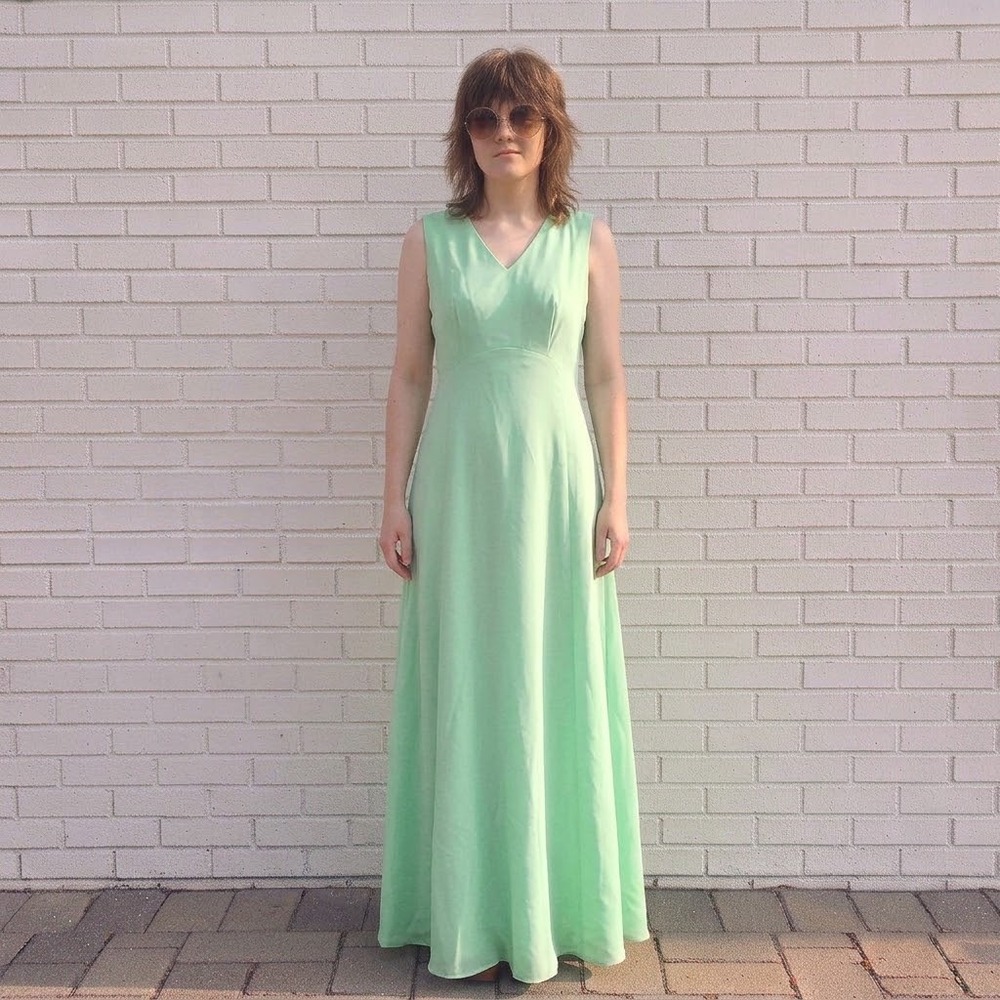 Vintage 70s Maxi Dress Womens Small Mint Green Empire Waist Chiffon Event Grad